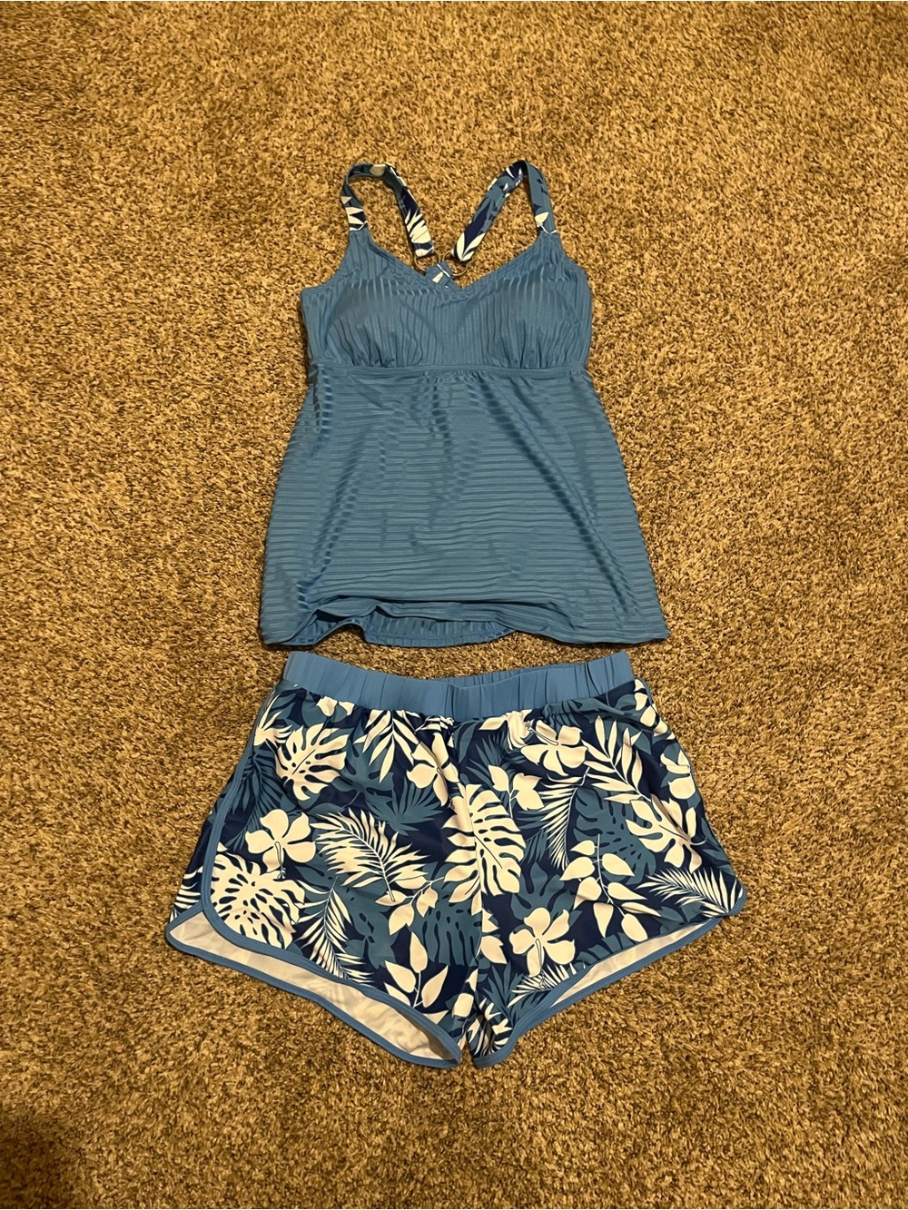Blue Two-Piece Tankini Top and Floral Shorts Swim Set